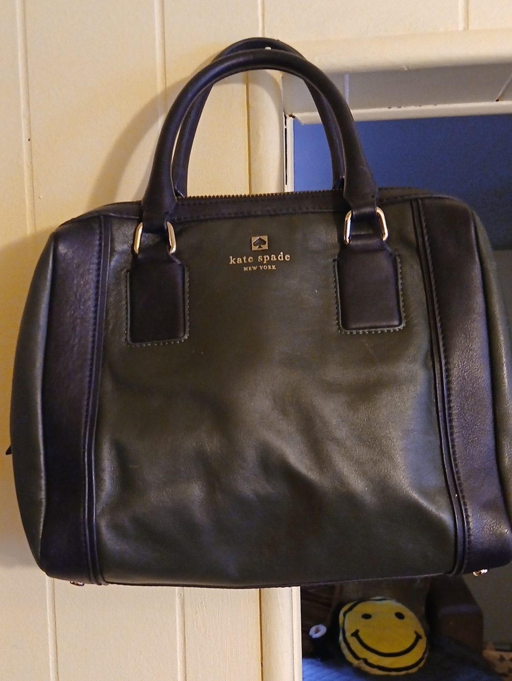 kate spade Black Leather Structured Satchel with Gold Logo